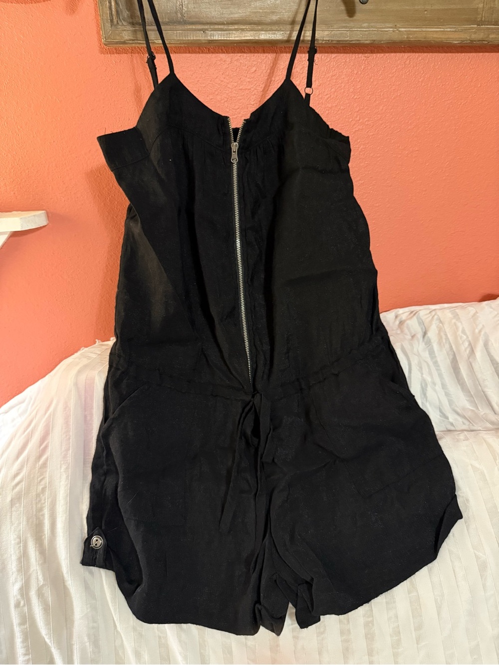 GAP Black Linen-Blend Sleeveless Romper with Front Zip